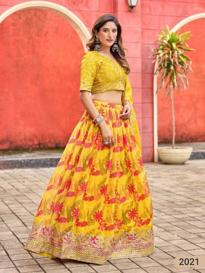 Yellow art silk semi stitched lehenga choli with taby silk print