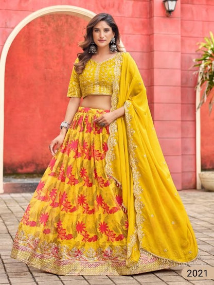 Yellow art silk semi stitched lehenga choli with taby silk print