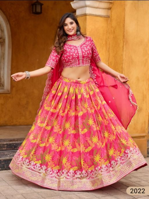 Magenta art silk semi stitched lehenga choli with taby silk print