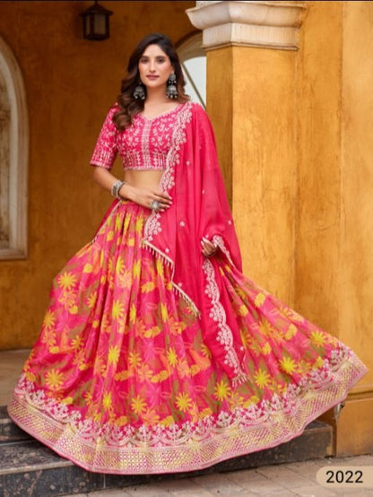 Magenta art silk semi stitched lehenga choli with taby silk print