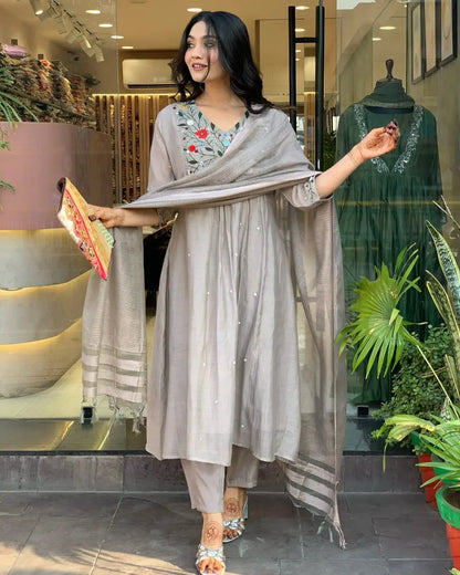 Women's Gorgeous Chinon Viscose Fabric Embroidery Work Straight Kurta Pant and Dupatta Set