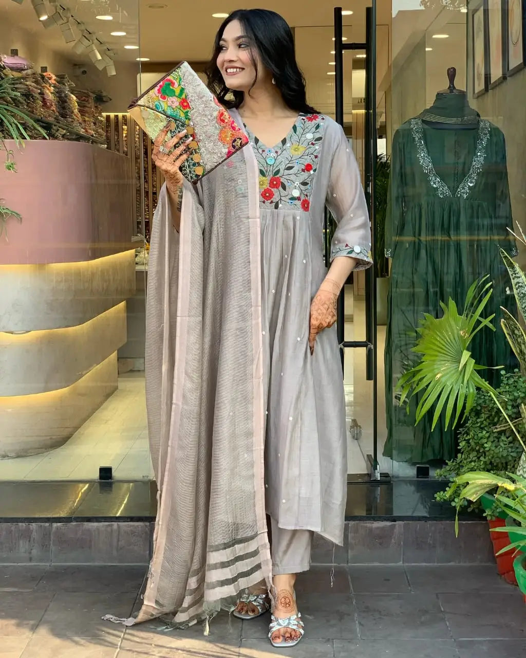 Women's Gorgeous Chinon Viscose Fabric Embroidery Work Straight Kurta Pant and Dupatta Set