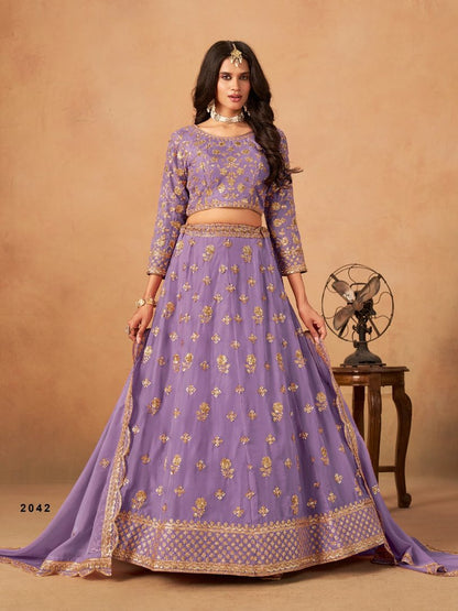 Lavender Organza Semi Stitched Lehenga Choli with Heavy Embroidery Work