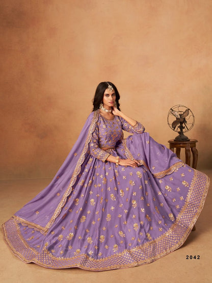 Lavender Organza Semi Stitched Lehenga Choli with Heavy Embroidery Work