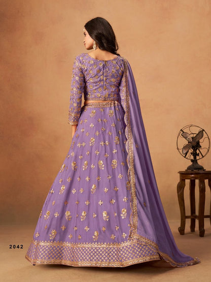 Lavender Organza Semi Stitched Lehenga Choli with Heavy Embroidery Work