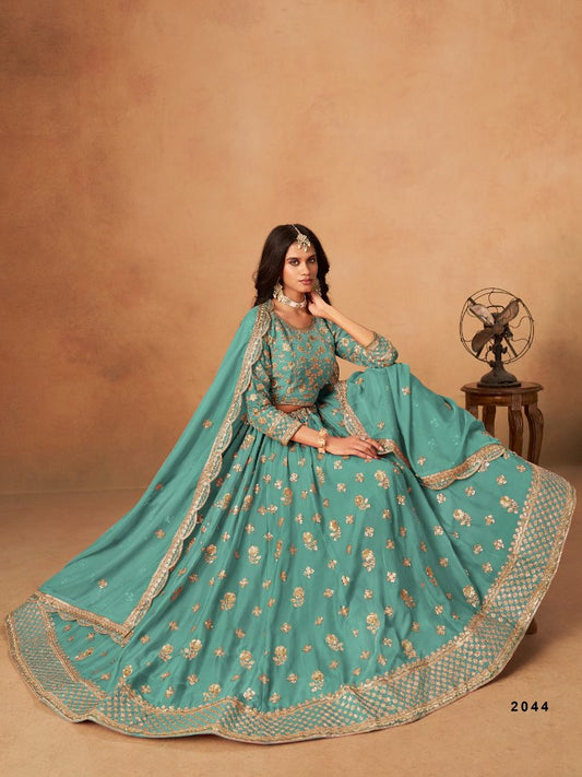 Sky Blue Organza Semi Stitched Lehenga Choli with Heavy Embroidery Work