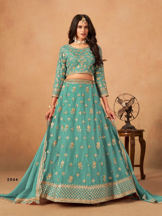 Sky Blue Organza Semi Stitched Lehenga Choli with Heavy Embroidery Work