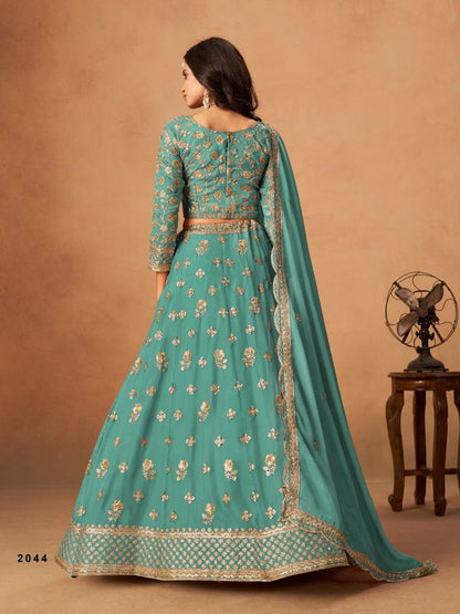 Sky Blue Organza Semi Stitched Lehenga Choli with Heavy Embroidery Work