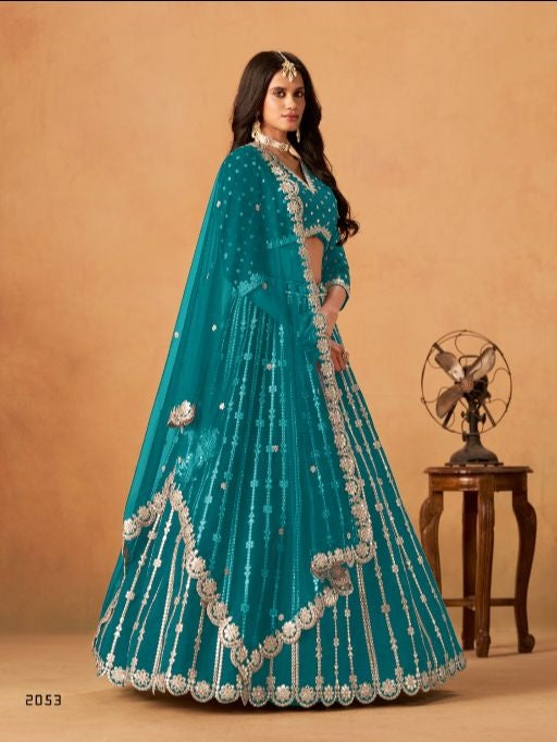 Teal Green Art Silk Semi Stitched Lehenga Choli With Embroidert Work