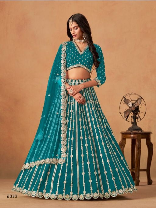 Teal Green Art Silk Semi Stitched Lehenga Choli With Embroidert Work