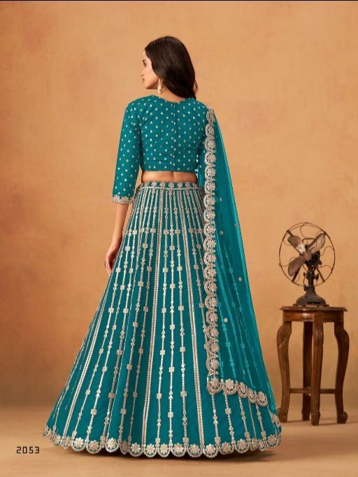 Teal Green Art Silk Semi Stitched Lehenga Choli With Embroidert Work