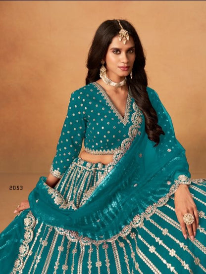 Teal Green Art Silk Semi Stitched Lehenga Choli With Embroidert Work