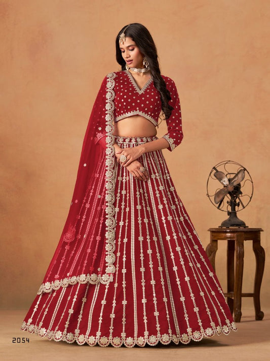 Red Art Silk Semi Stitched Lehenga Choli With Embroidert Work