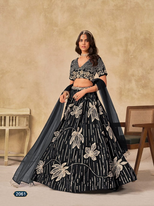 Black heavy art silk semi stitched lehenga choli with embroidery work