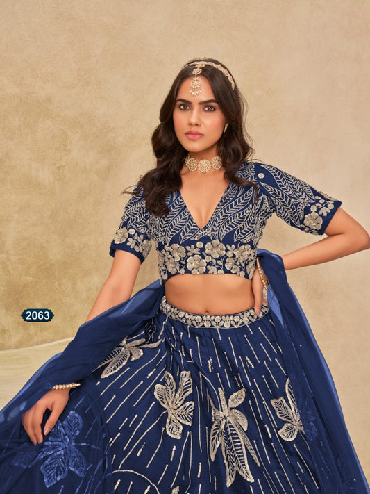 Navy blue heavy art silk semi stitched lehenga choli with embroidery work