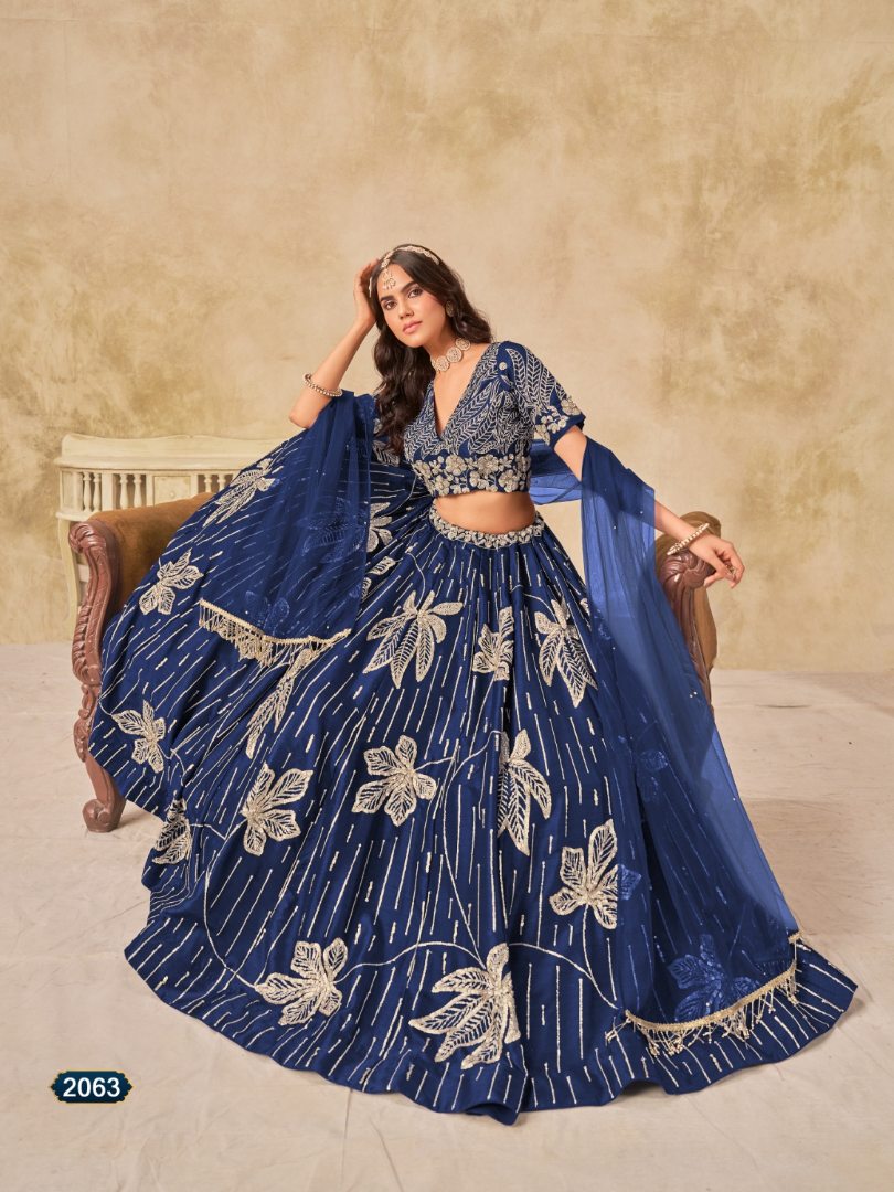 Navy blue heavy art silk semi stitched lehenga choli with embroidery work