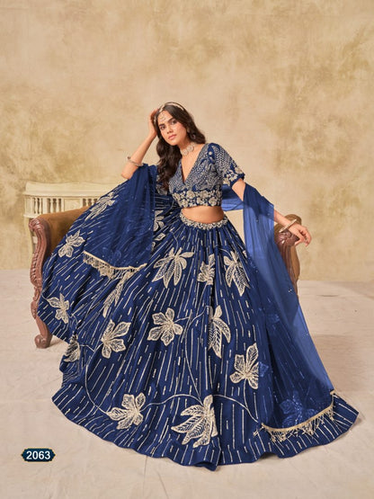 Navy blue heavy art silk semi stitched lehenga choli with embroidery work