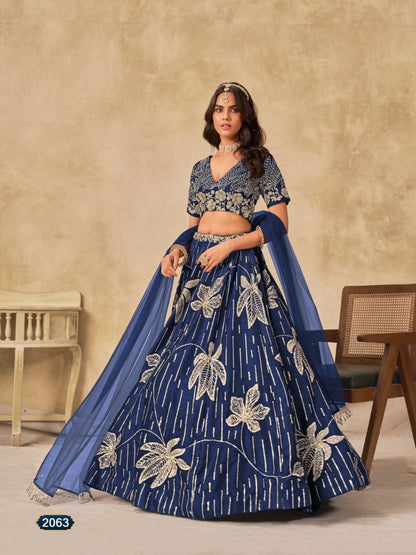 Navy blue heavy art silk semi stitched lehenga choli with embroidery work