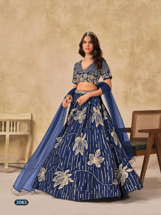 Navy blue heavy art silk semi stitched lehenga choli with embroidery work