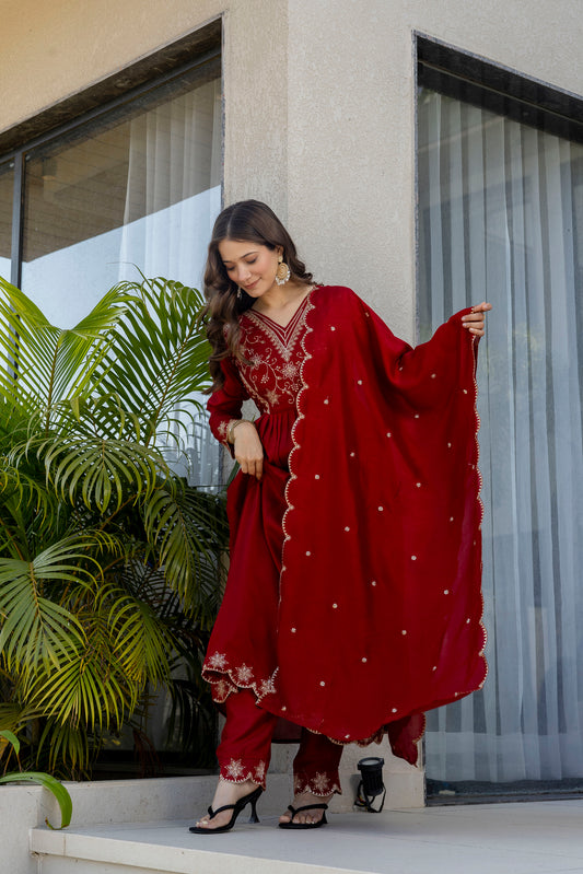Women's Beautiful Embroidery Work Vichitra Silk Fabric Flared Anarkali Pant and Dupatta Set