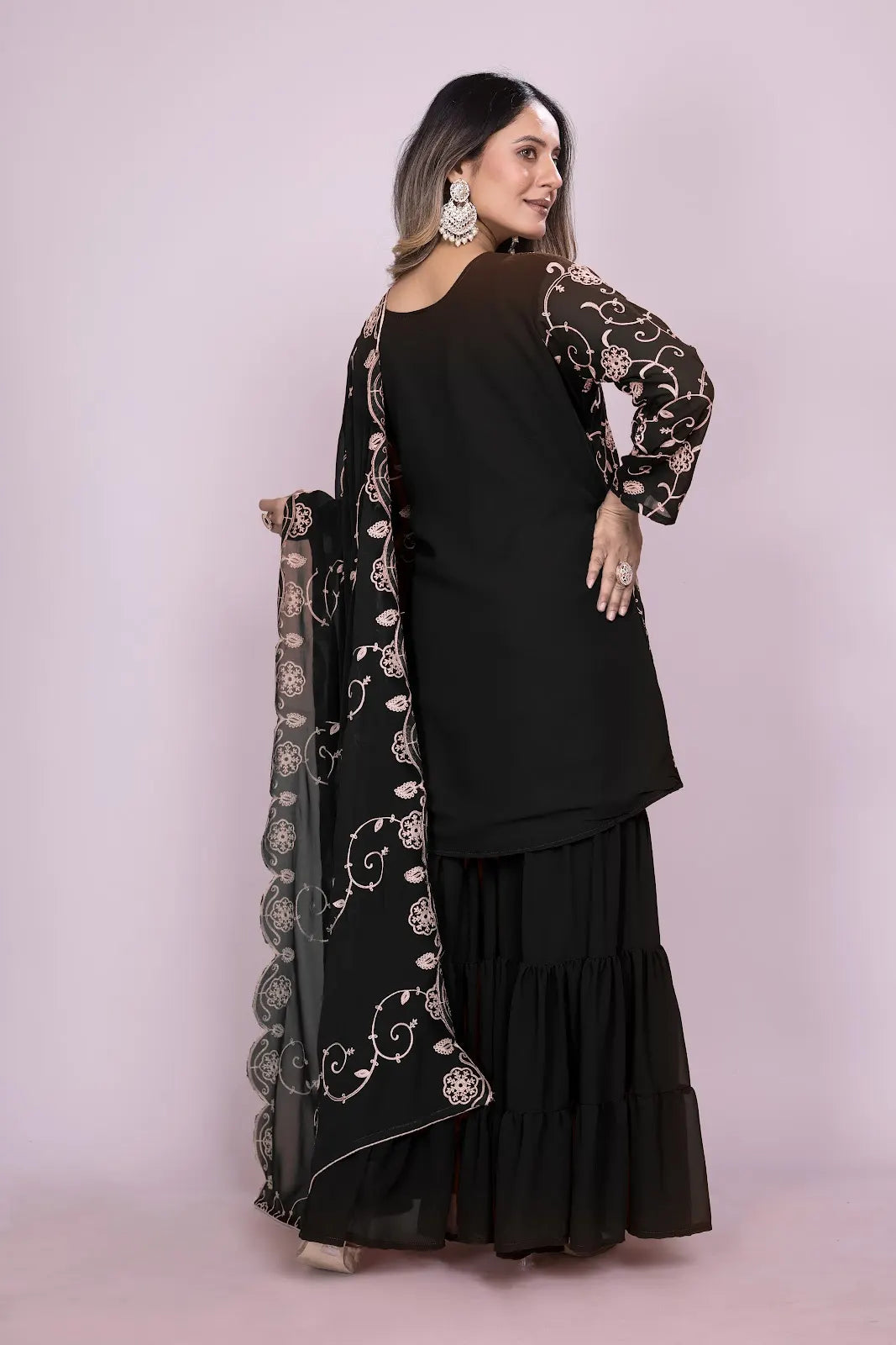 Women's Fox Georgette fabric Embroidery work Kurta with Sharara and Dupatta set 71 Black