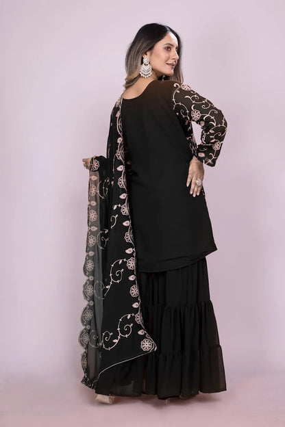 Women's Fox Georgette fabric Embroidery work Kurta with Sharara and Dupatta set 71 Black