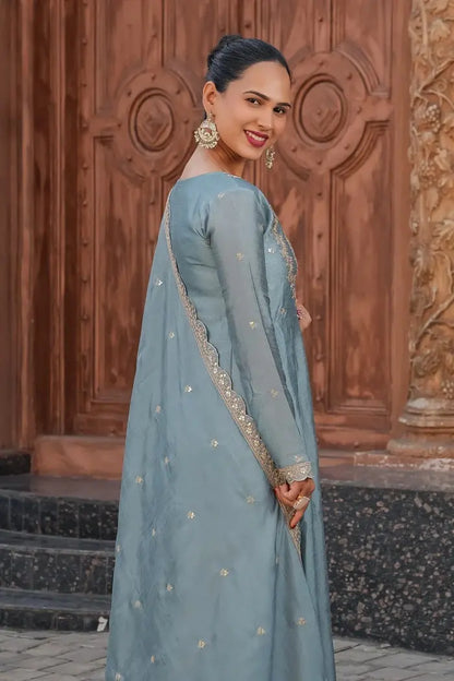 Women's Gorgeous Vichitra Silk Fabric Embroidery Work Flared Anarkali Pant and Dupatta Set 39