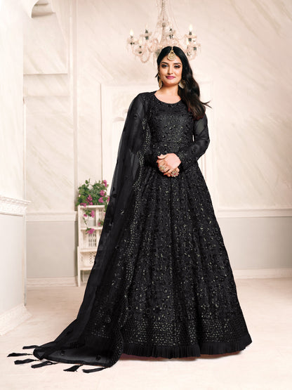 Black Embroidered Net Semi Stitched Anarkali Suit