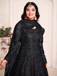 Black Embroidered Net Semi Stitched Anarkali Suit