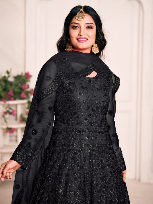 Black Embroidered Net Semi Stitched Anarkali Suit