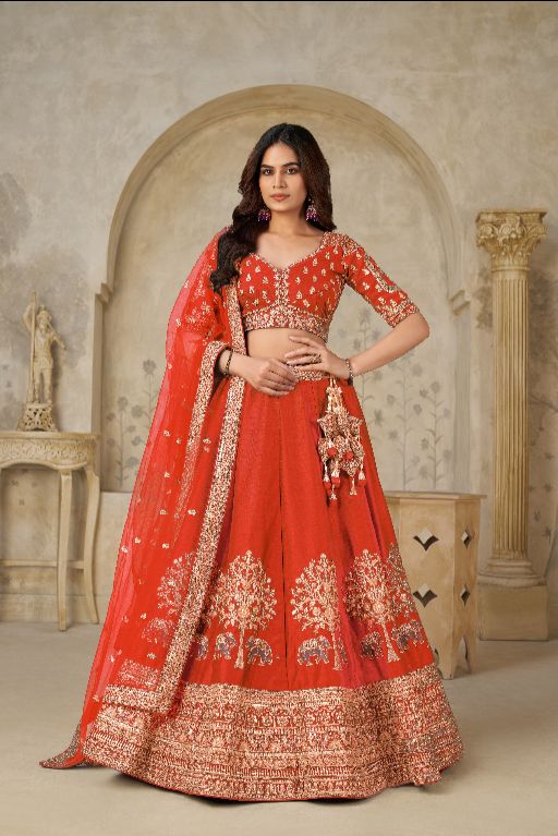 Trendy Rust Wedding Lehenga with Elephant Motifs