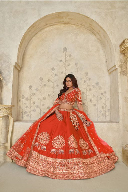 Trendy Rust Wedding Lehenga with Elephant Motifs
