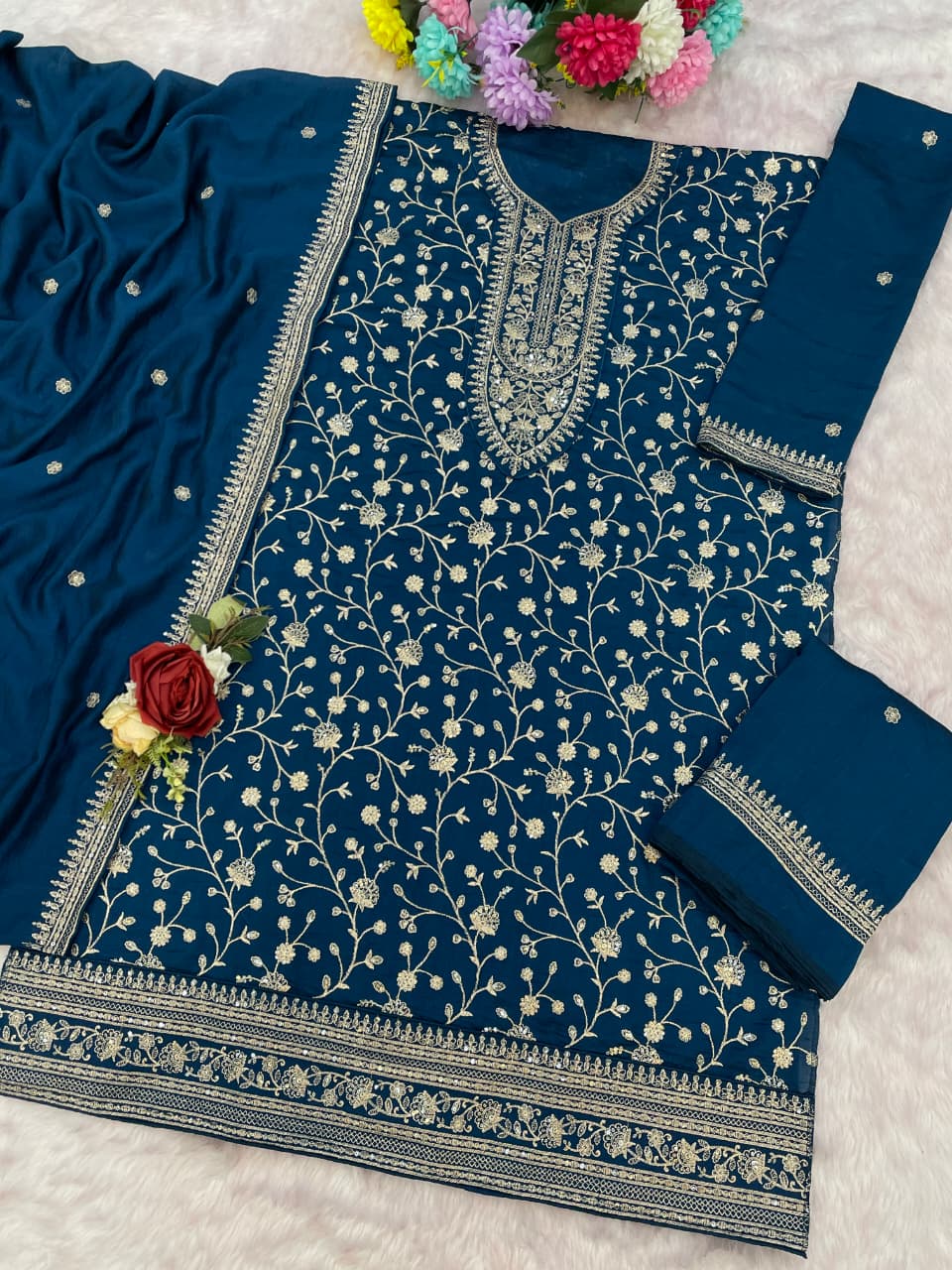Teal Silk Semi stitched Wedding Suits