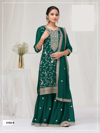 Peacock Green Silk Semi stitched Wedding Suits