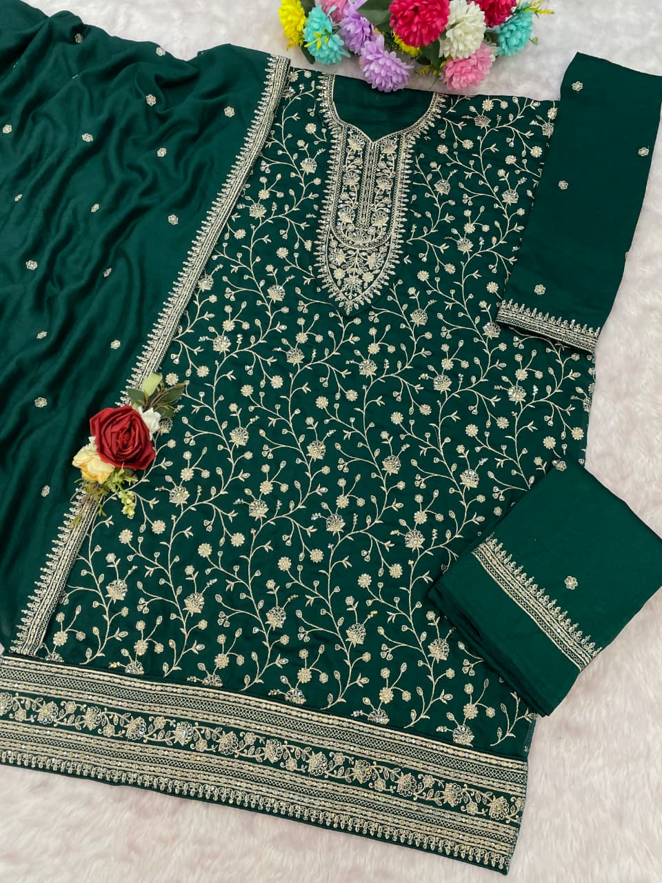 Peacock Green Silk Semi stitched Wedding Suits