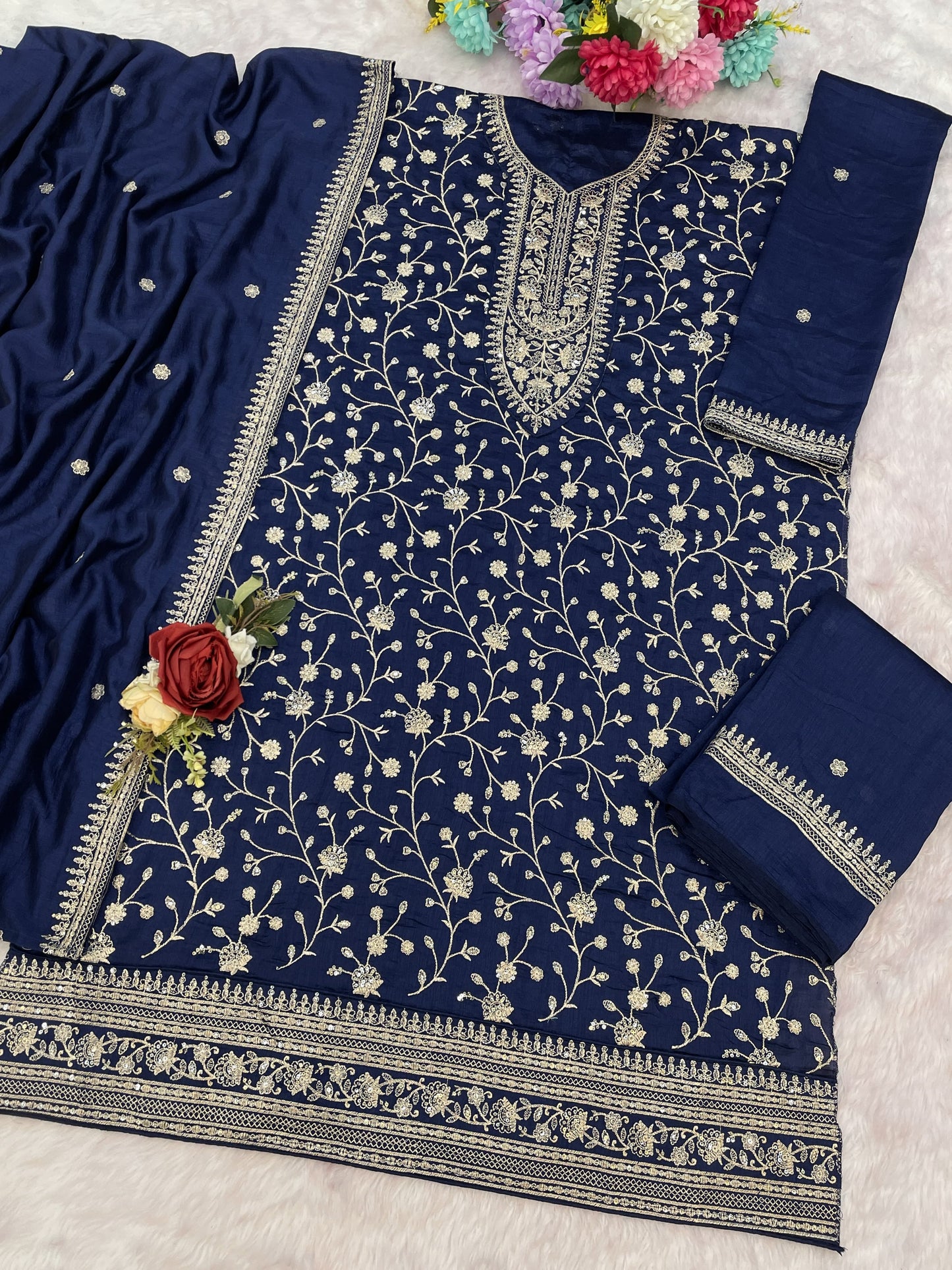 Navy Blue Silk Semi stitched Wedding Suits