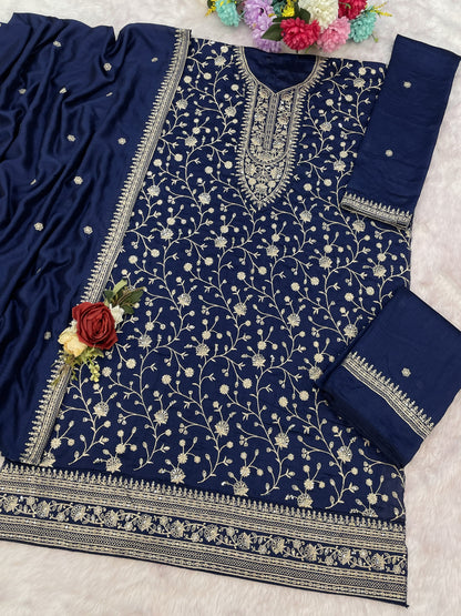 Navy Blue Silk Semi stitched Wedding Suits
