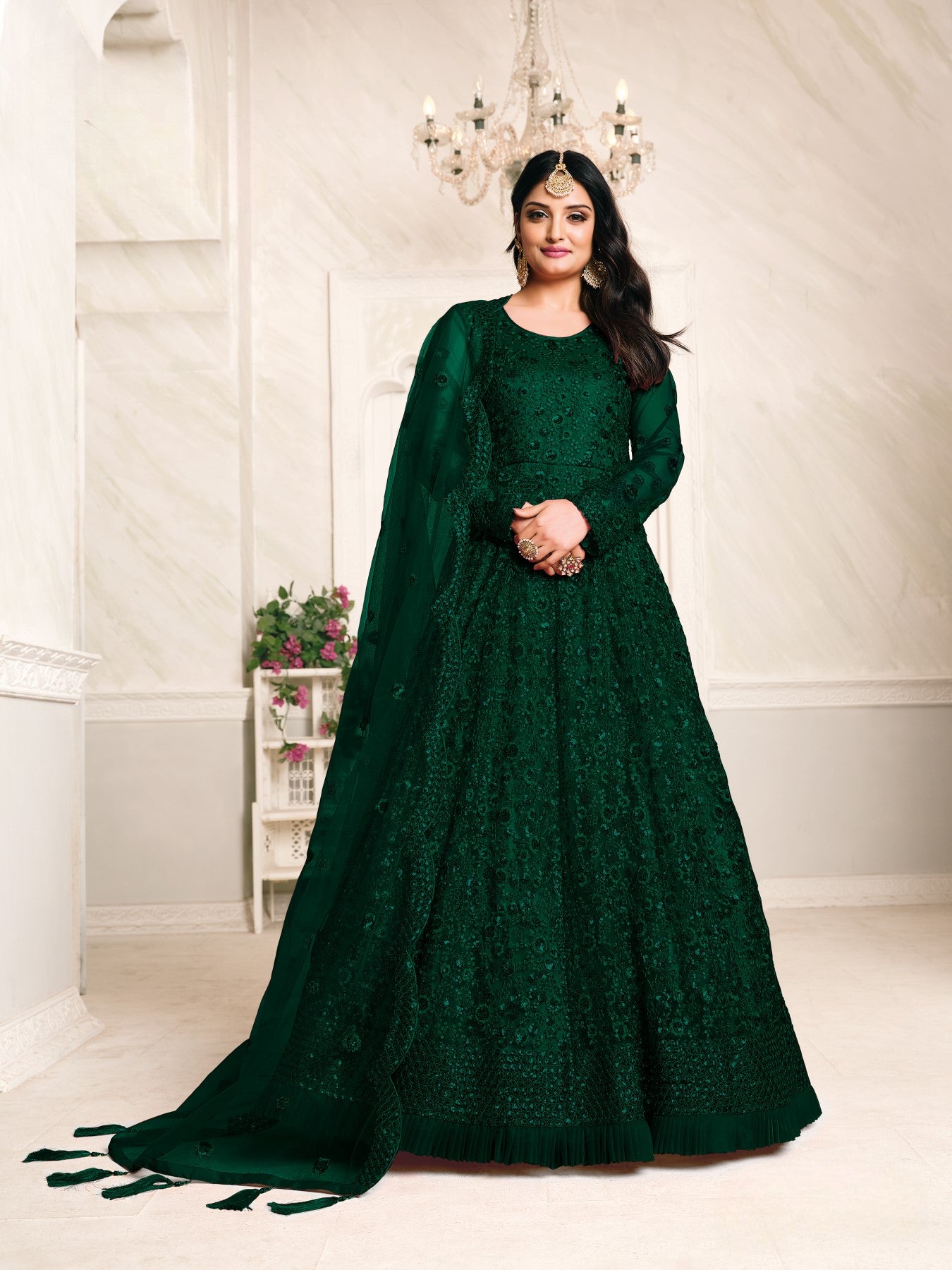 Green Embroidered Net Semi Stitched Anarkali Suit