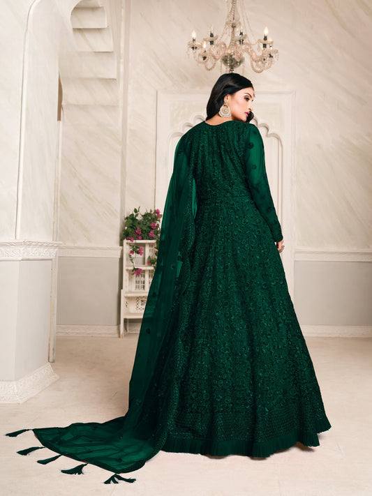 Green Embroidered Net Semi Stitched Anarkali Suit