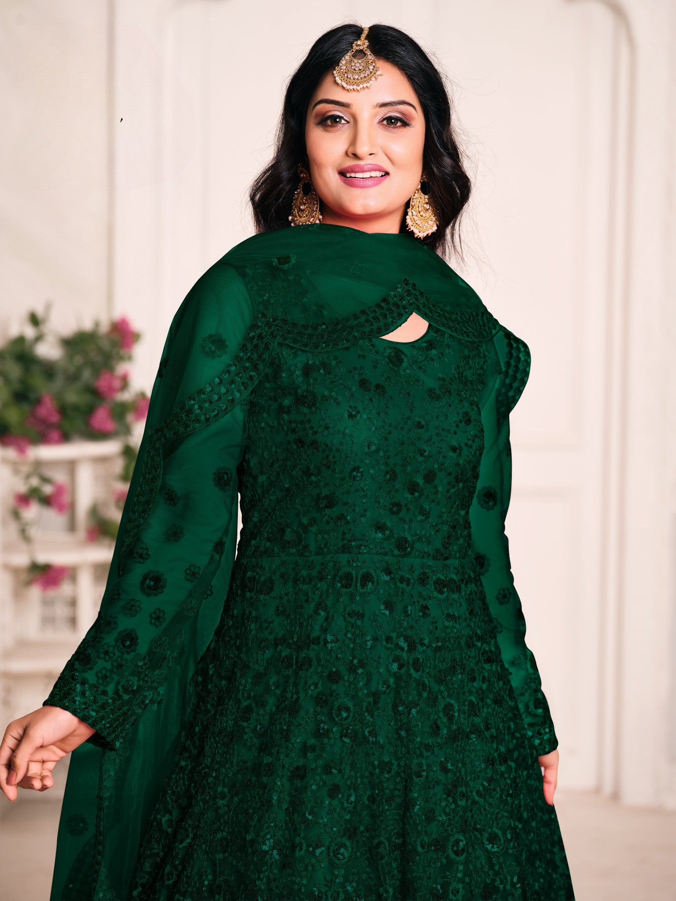 Green Embroidered Net Semi Stitched Anarkali Suit