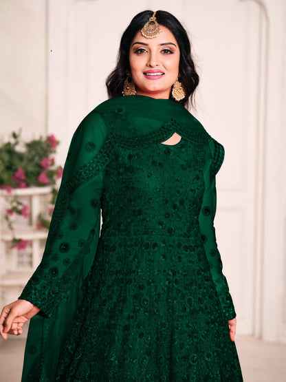 Green Embroidered Net Semi Stitched Anarkali Suit