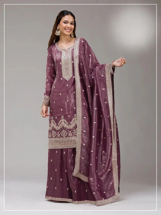 Purple Gold Crush Semi Stitched Suit with Embroidery & Sequence Work