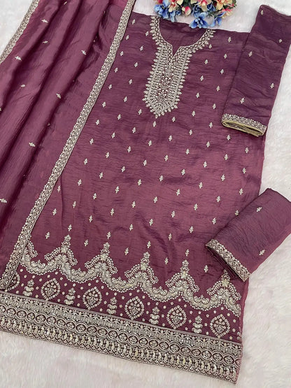 Purple Gold Crush Semi Stitched Suit with Embroidery & Sequence Work