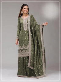 Green Gold Crush Semi Stitched Suit with Embroidery & Sequence Work