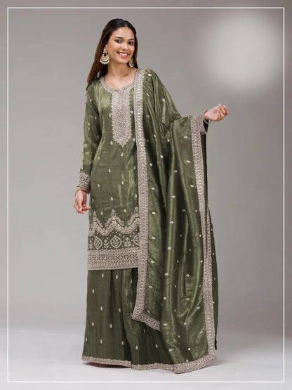 Green Gold Crush Semi Stitched Suit with Embroidery & Sequence Work