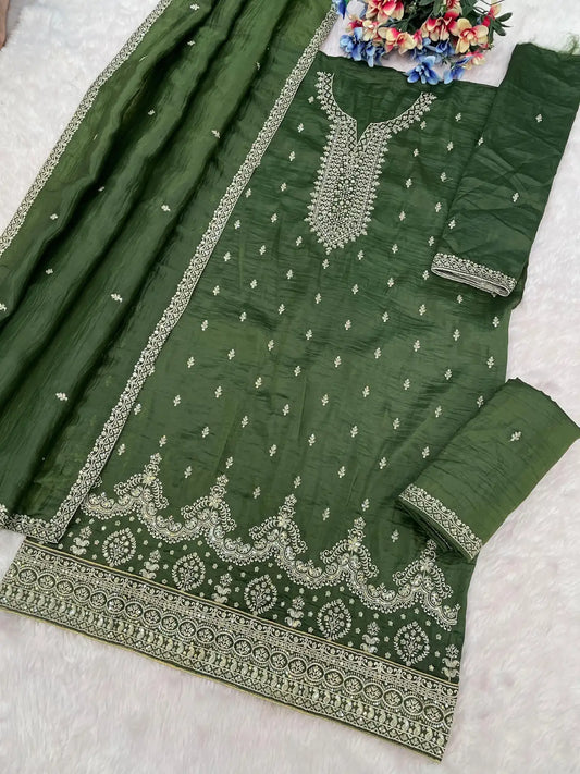 Green Gold Crush Semi Stitched Suit with Embroidery & Sequence Work