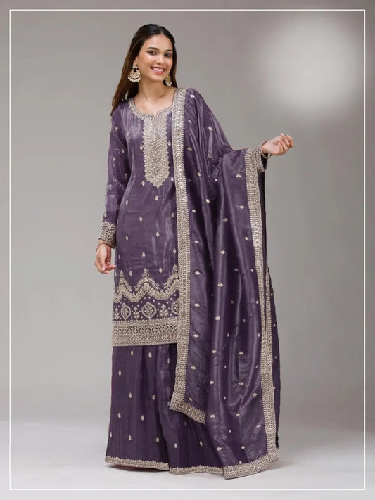 D Lavender Gold Crush Semi Stitched Suit with Embroidery & Sequence Work