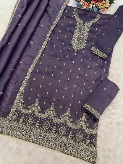 D Lavender Gold Crush Semi Stitched Suit with Embroidery & Sequence Work