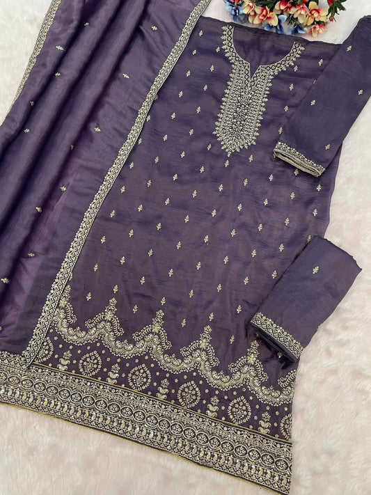 D Lavender Gold Crush Semi Stitched Suit with Embroidery & Sequence Work