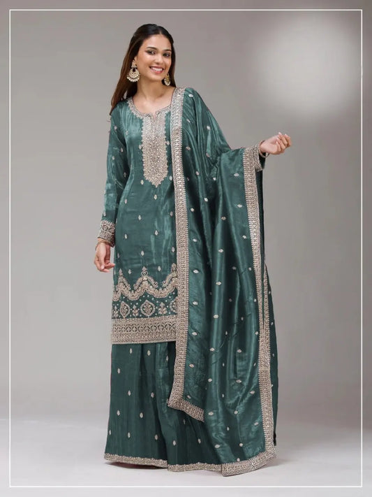 Blue Gold Crush Semi Stitched Suit with Embroidery & Sequence Work
